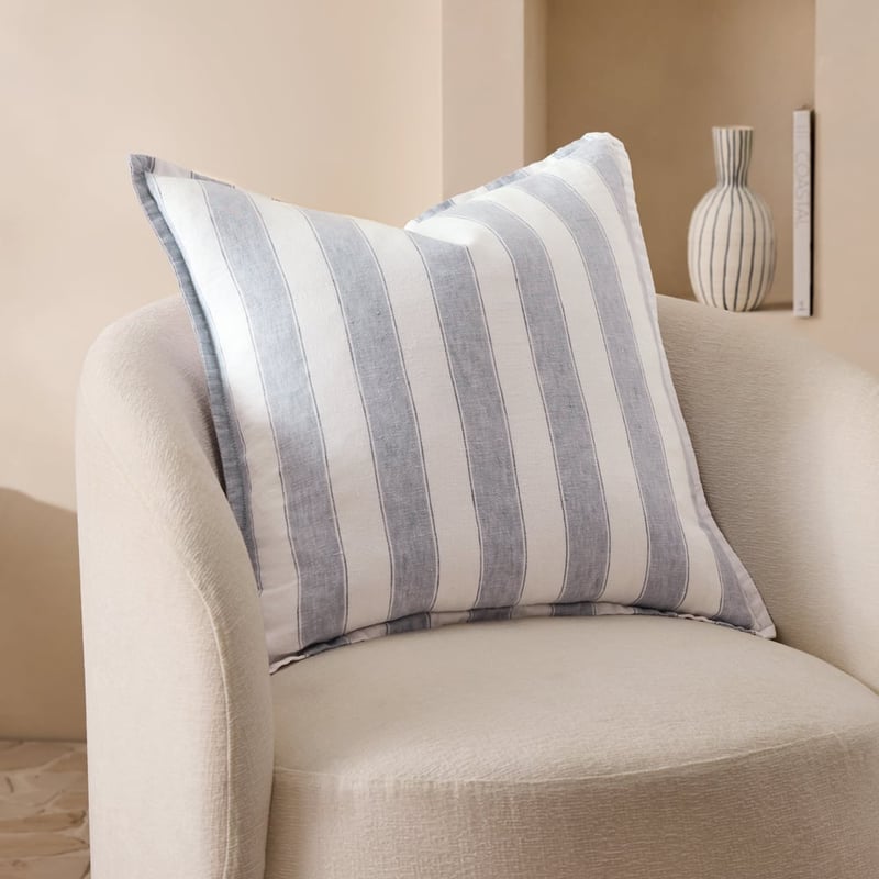 Belgian Elijah Light Denim & Dark Blue Stripe Vintage Washed Linen Cushion