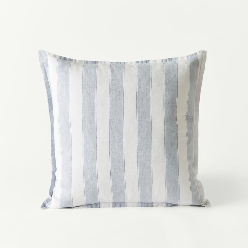 Belgian Elijah Light Denim & Dark Blue Stripe Vintage Washed Linen Cushion