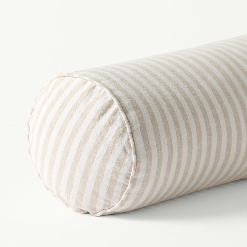 Belgian Vintage Washed Linen Linen & White Bengal Stripe Bolster Cushion