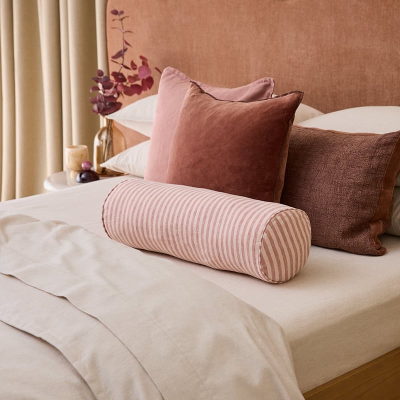 Belgian Vintage Washed Linen Nude Pink & Rosewood Bengal Stripe Bolster Cushion