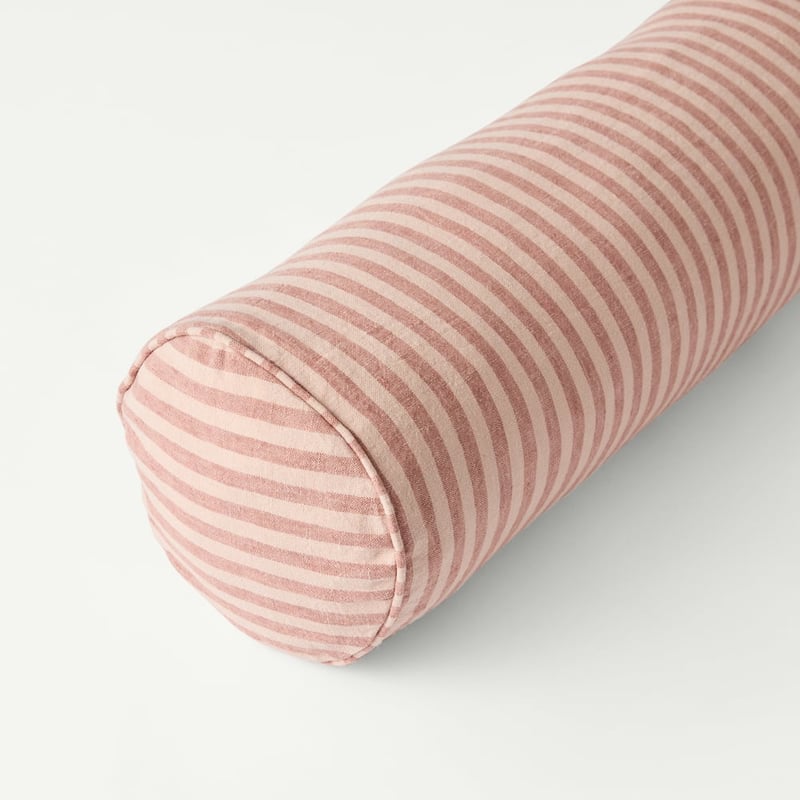 Belgian Vintage Washed Linen Nude Pink & Rosewood Bengal Stripe Bolster Cushion