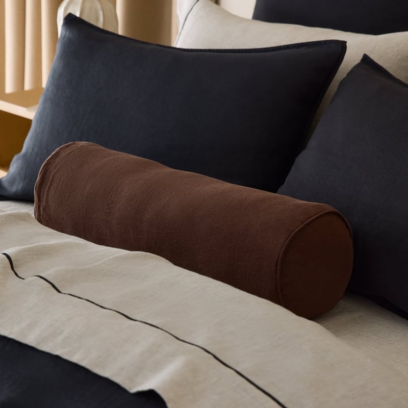 Belgian Vintage Washed Linen Chocolate Bolster Cushion