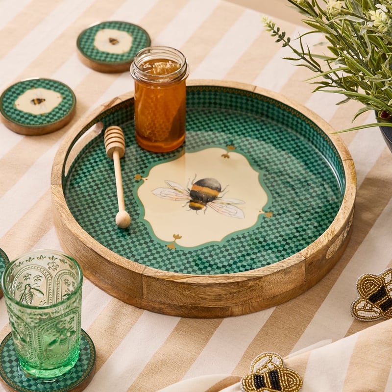 Bee Green Mango Wood Round Tray