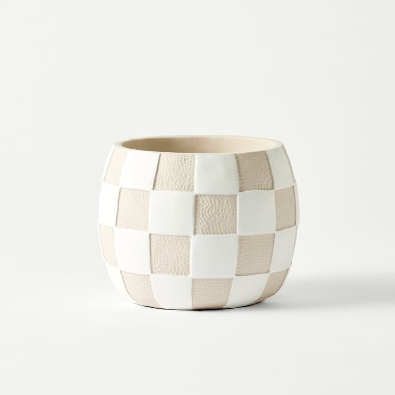 Checkerboard White & Taupe Round Pot
