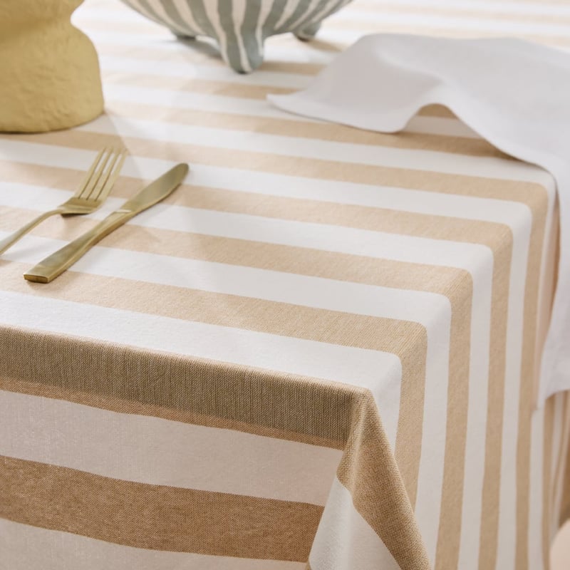 Ava Caramel & White Stripe Tablecloth