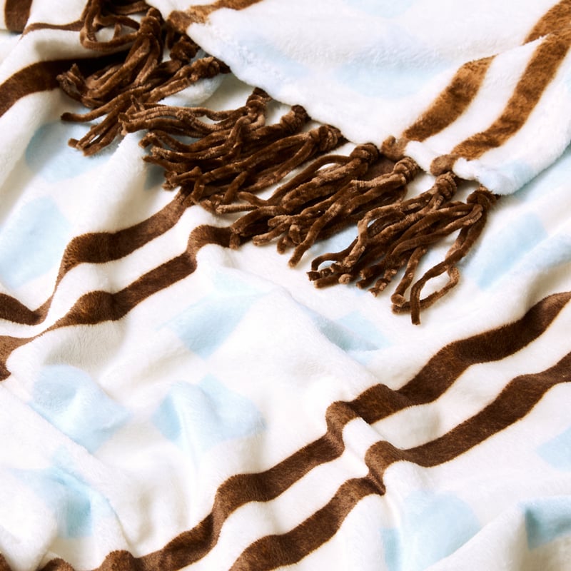 Aspen Blue & Natural Check Stripe Fleece Tassel Throw