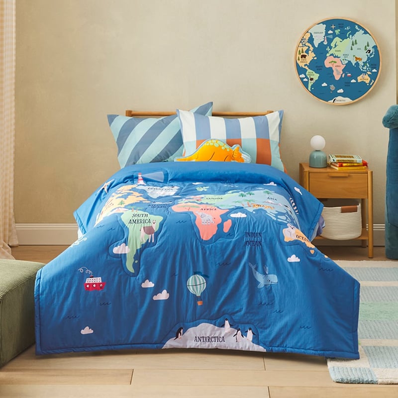 Novelty Navy World Map Quilted Coverlet
