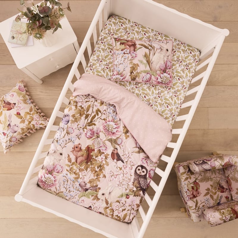 Fleur Harris Woodland Pink Velvet Quilted Cot Quilt Cover Set