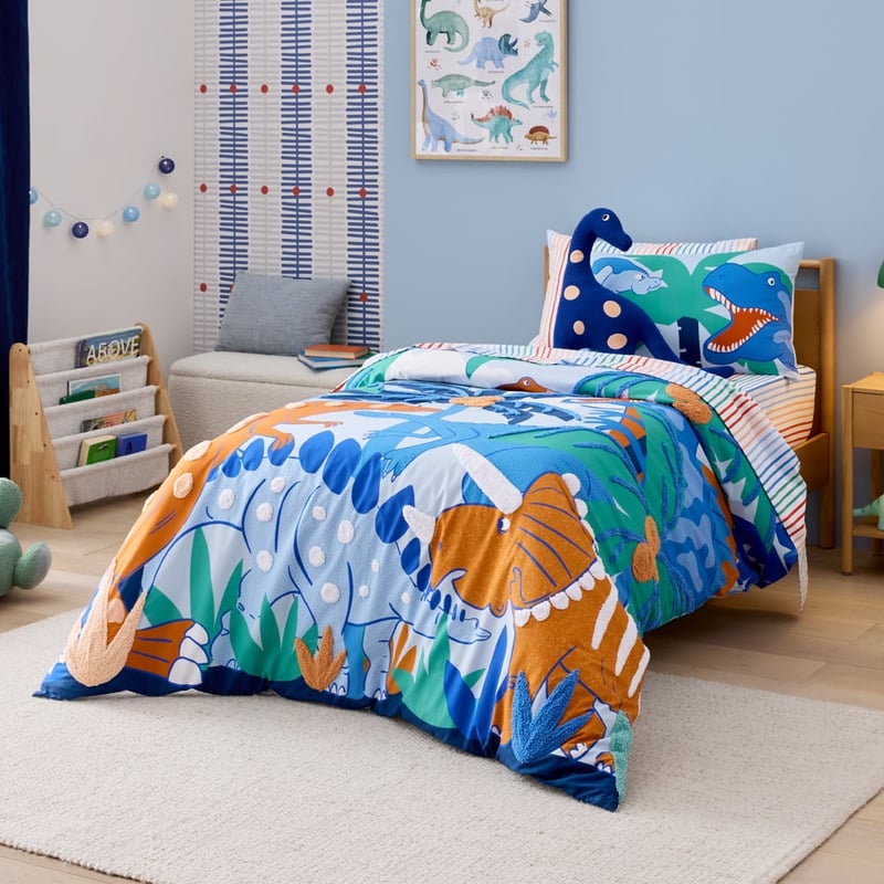Dino Jungle Light Blue Tufted Quilt Cover Set