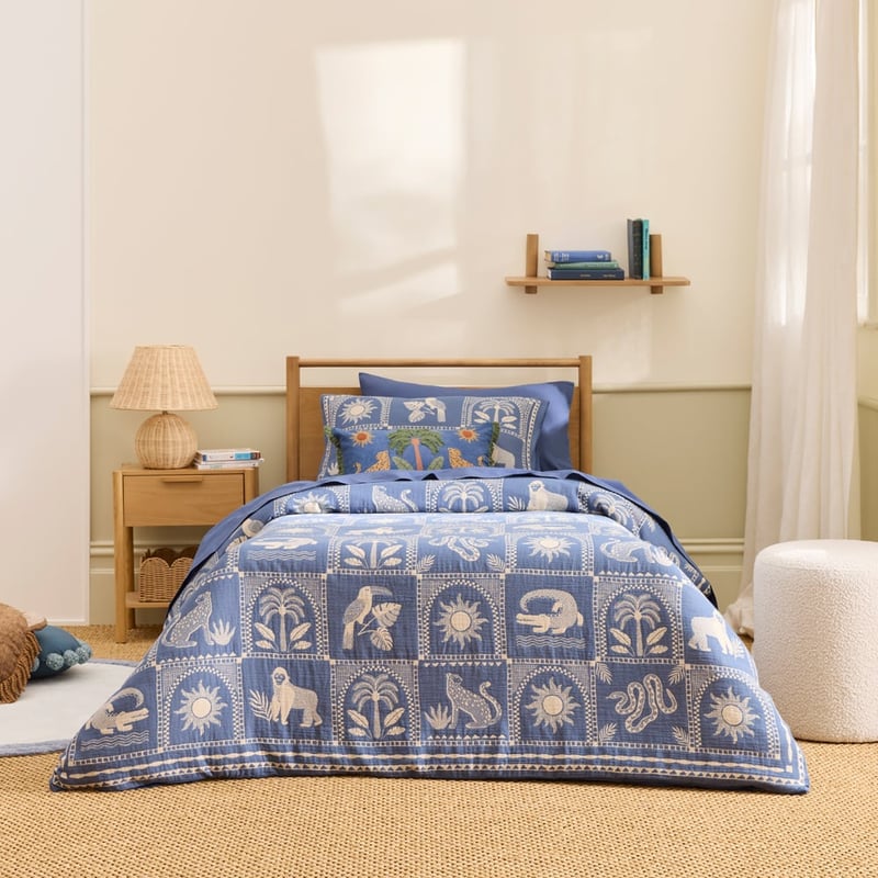 Animal Palm Kingdom Blue Jacquard Quilt Cover Set