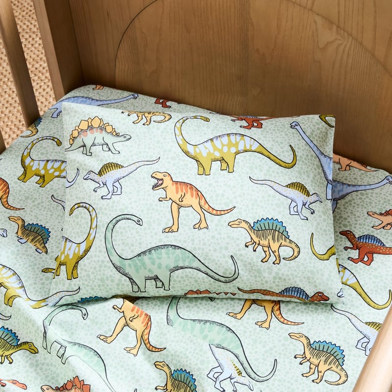Dino Walk Soft Green Cot Sheet Set