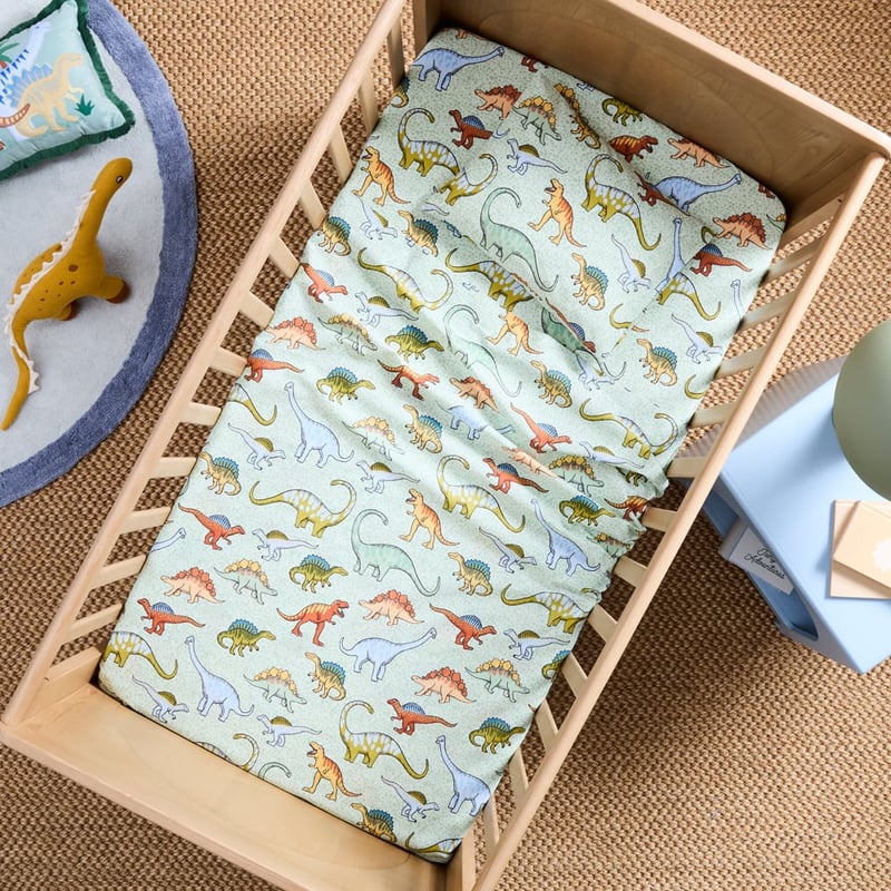 Dino Walk Soft Green Cot Sheet Set