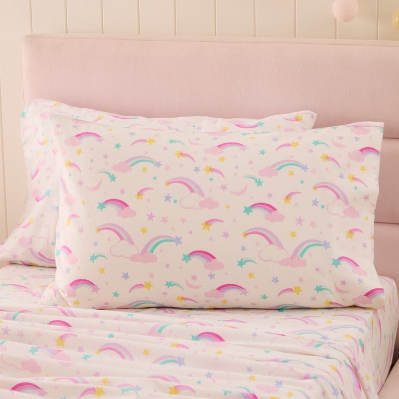 Magical Rainbow White Flannelette Sheet Set