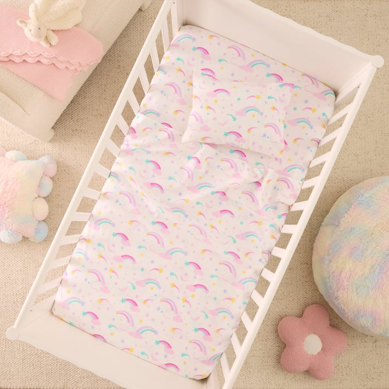 Magical Rainbow White Flannelette Cot Sheet Set