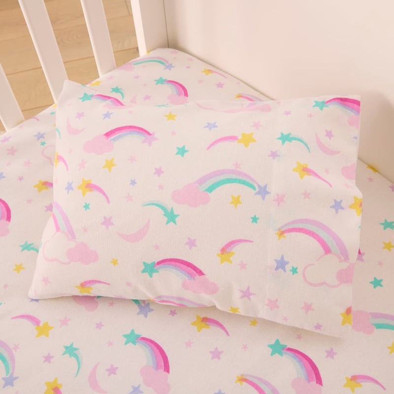 Magical Rainbow White Flannelette Cot Sheet Set