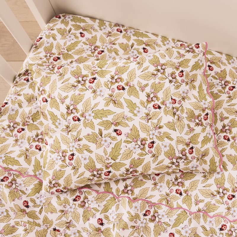 Fleur Harris Dancing Ladybugs White Scallop Cot Sheet Set