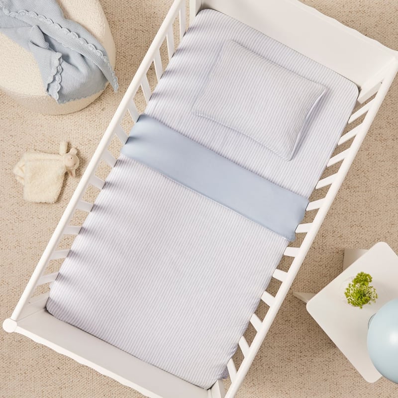 Vintage Washed Linen Dusty Blue & White Cot Quilt Cover Set