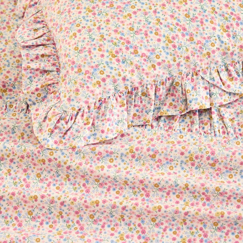 Heirloom Meadow Bloom Soft Blue Ruffle Cot Sheet Set