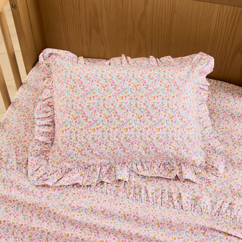 Heirloom Meadow Bloom Soft Blue Ruffle Cot Sheet Set