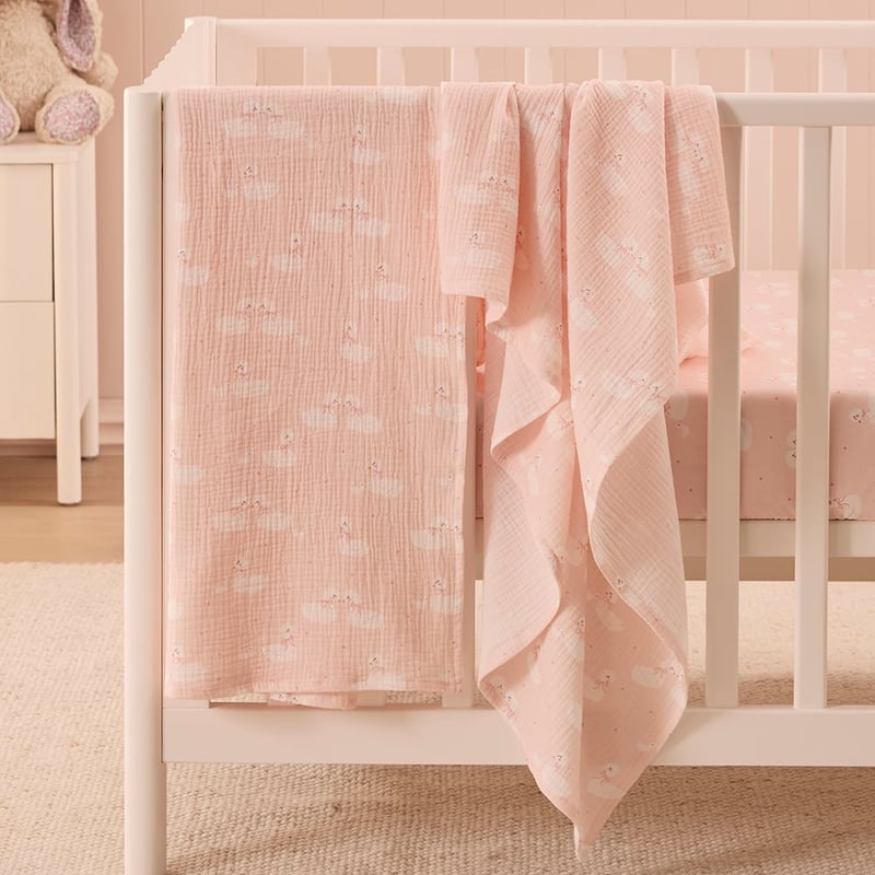 Swan Love Apricot Cotton Muslin Baby Swaddles 2pk