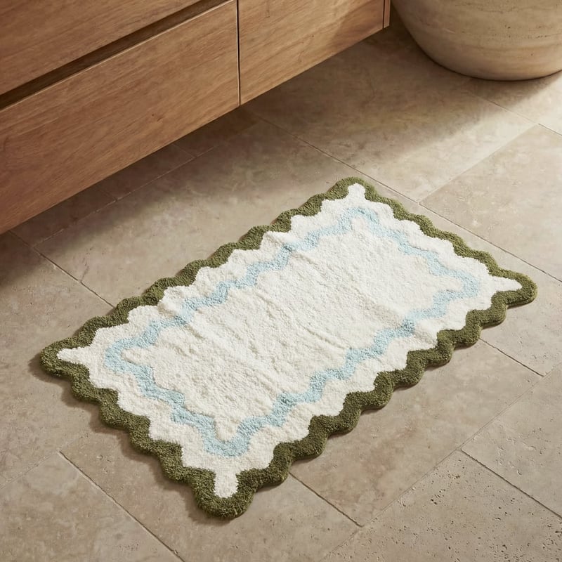 Summer Sky & Dark Olive Scallop Bath Mat 