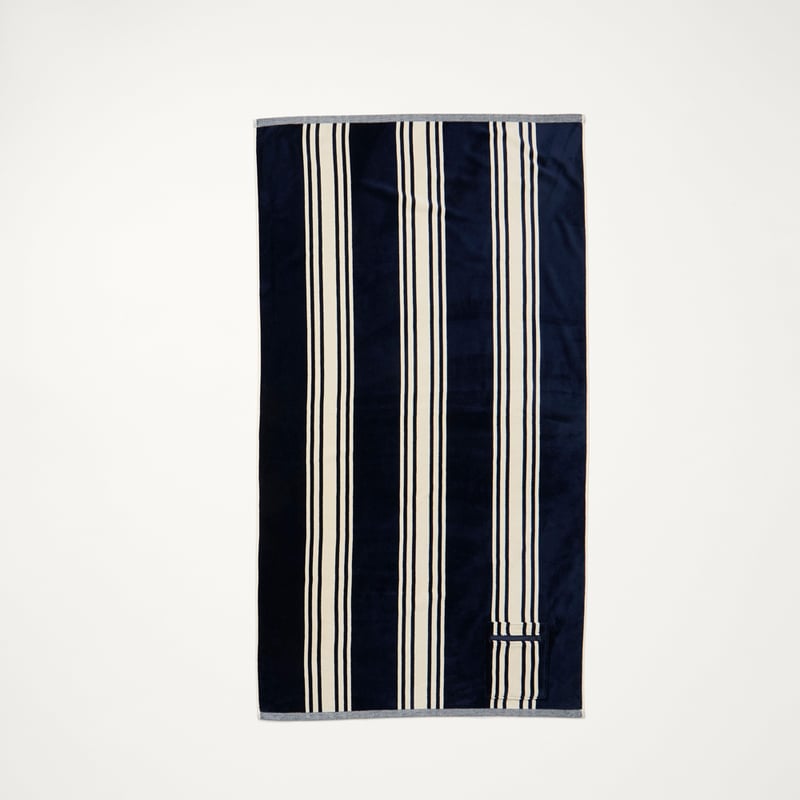 Luxe Jervis Stripe Navy Velour Pocket Beach Towel