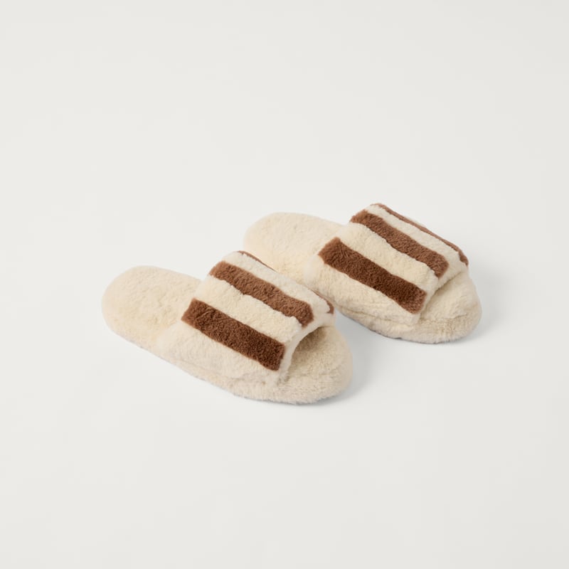 Fur Natural Stripe Slippers 