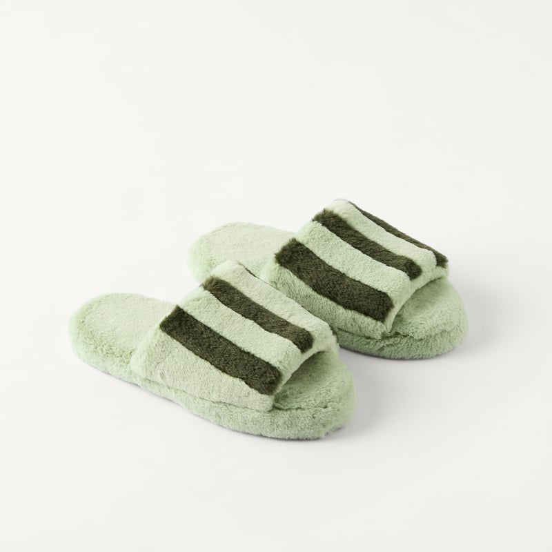 Fur Green Stripe Slippers 