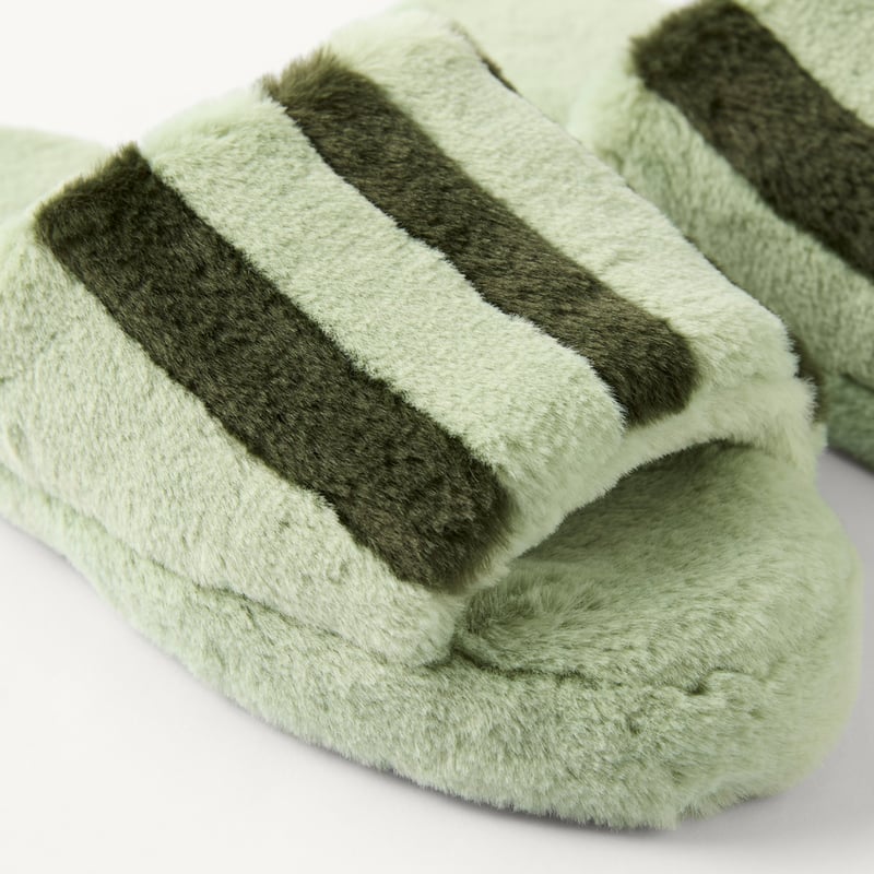 Fur Green Stripe Slippers 
