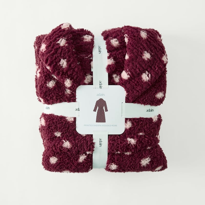 Printed Polka Dot Burgundy Sherpa Hooded Robe