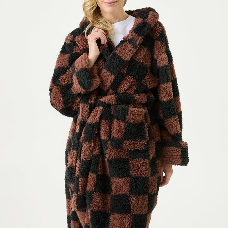 Sherpa Nutmeg & Black Print Check Hooded Robe