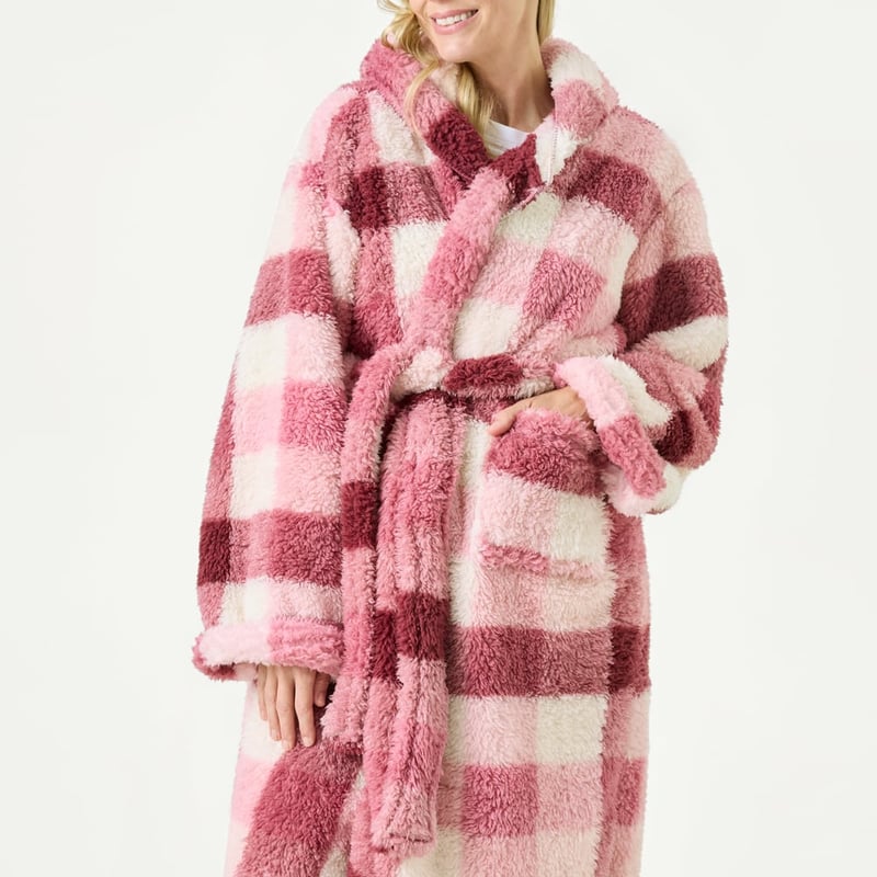 Printed Pink Multi Check Sherpa Hooded Robe