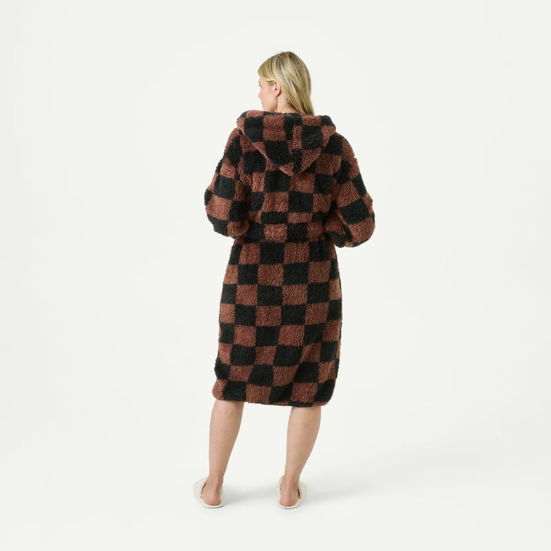 Sherpa Nutmeg & Black Print Check Hooded Robe