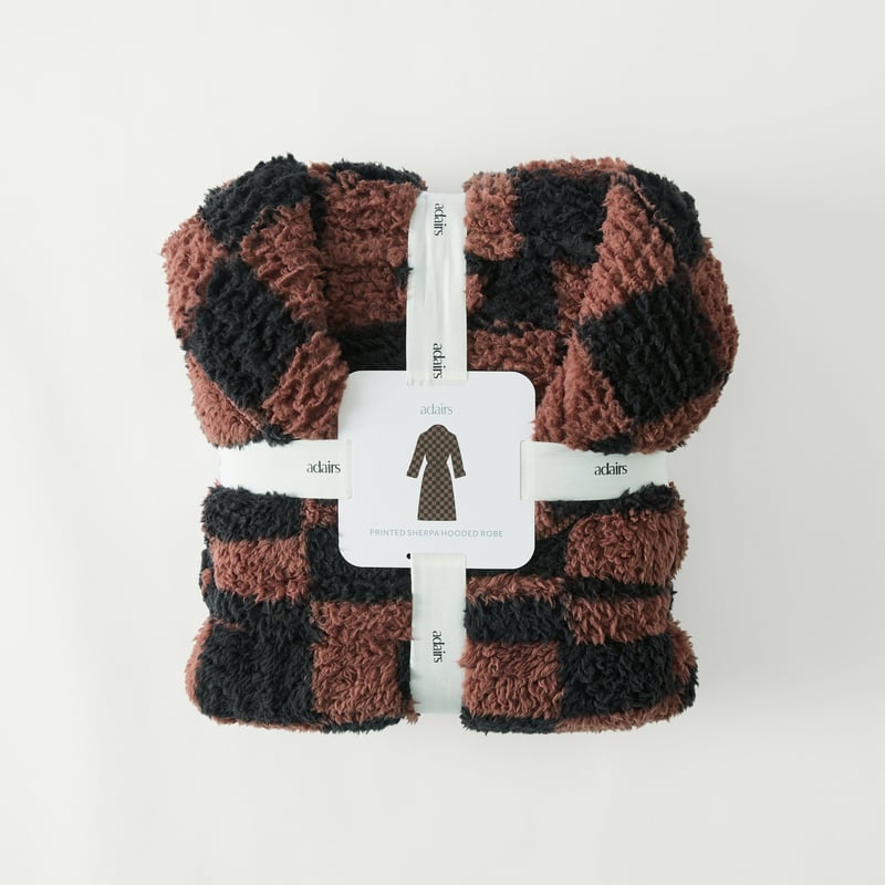 Sherpa Nutmeg & Black Print Check Hooded Robe