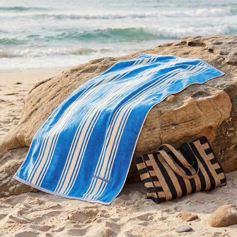 Luxe Mid Blue Jervis Stripe Velour Pocket Beach Towel