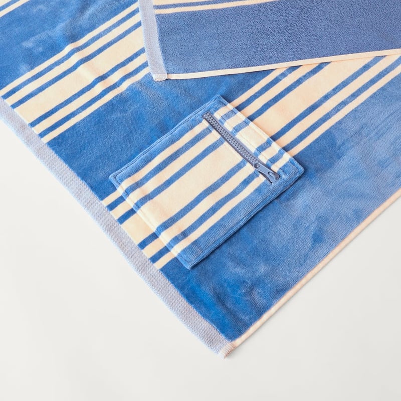Luxe Mid Blue Jervis Stripe Velour Pocket Beach Towel