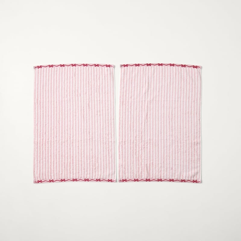 Bow Border Stripe Pink & White Hand Towel Pack of 2