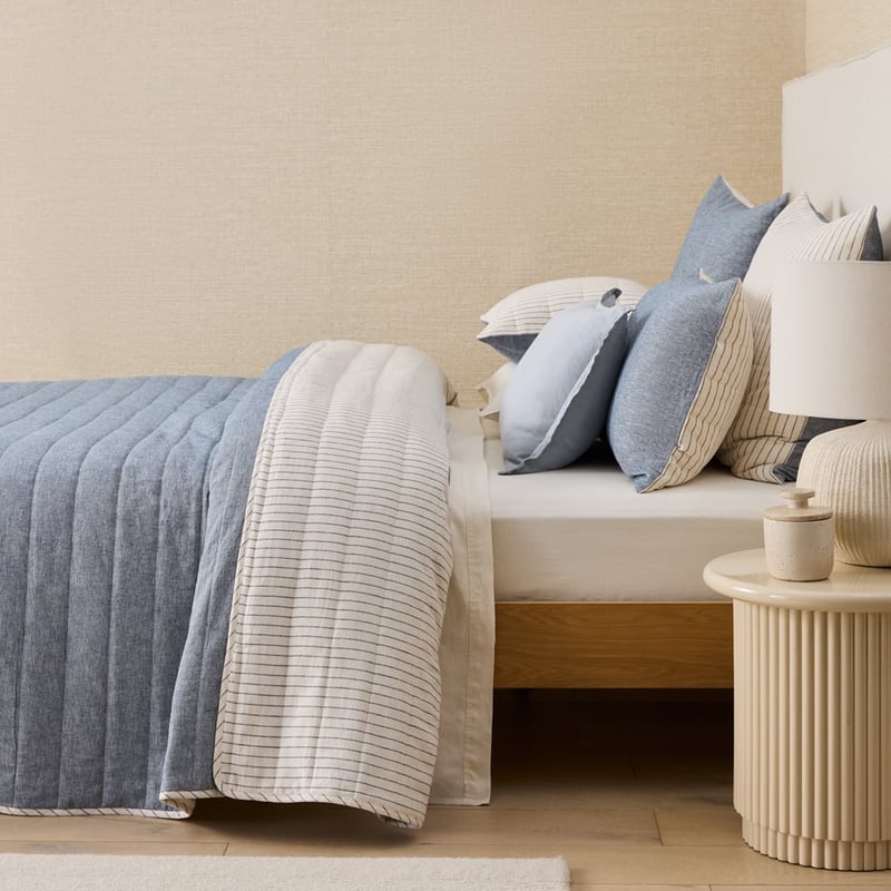 Linen Cotton Bluestone Stripe Quilted Coverlet Separates