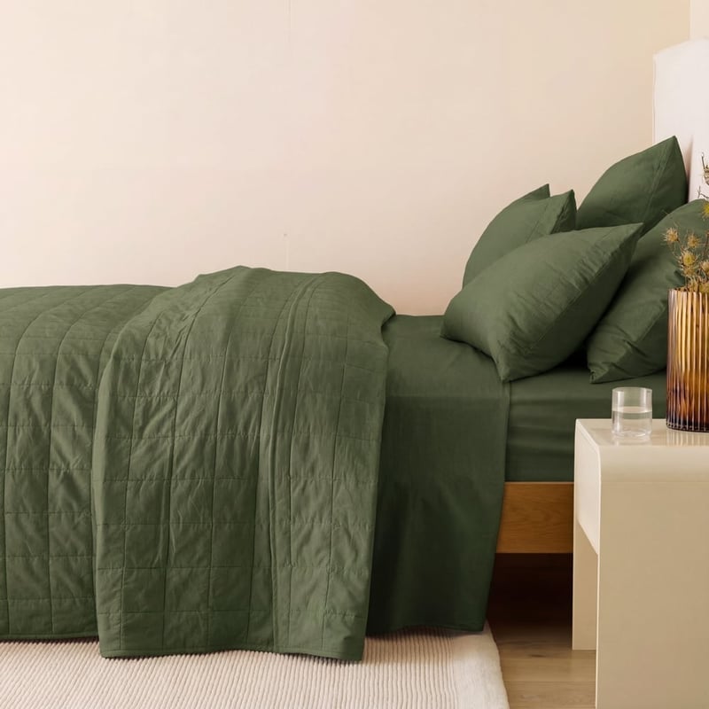 Stonewashed Cotton Basil Quilted Grid Coverlet Separates
