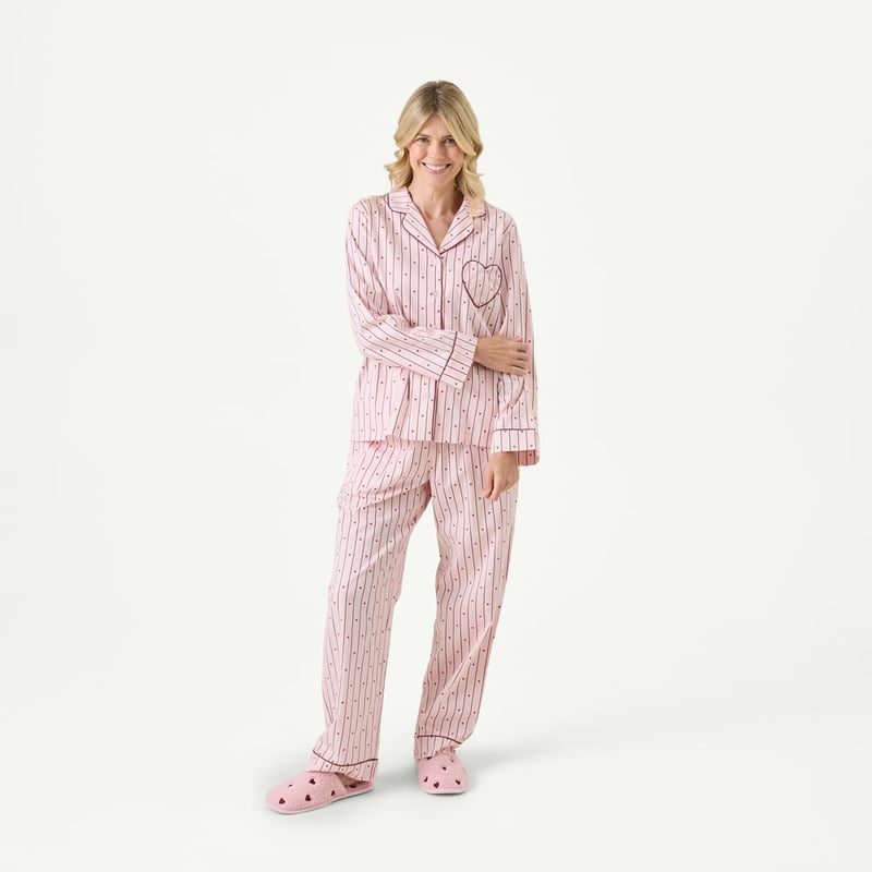 Womens Pink Hearts Long Pyjama Set