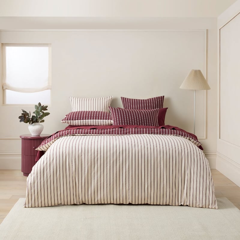 Stonewashed Cotton Burgundy & Coconut Stripe Quilt Cover Separates