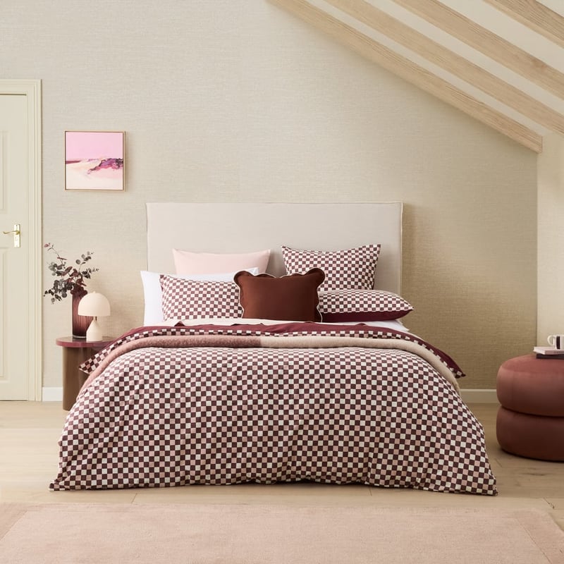 Stonewashed Cotton Burgundy & Peony Check Pillowcase