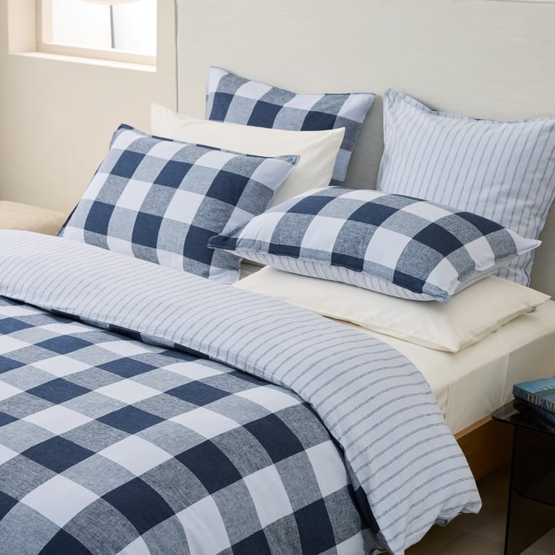 Linen Cotton Denim Check Quilt Cover Set Set + Separates