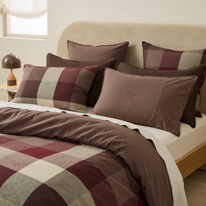 Linen Cotton Burgundy Elijah Check Quilt Cover Set + Separates