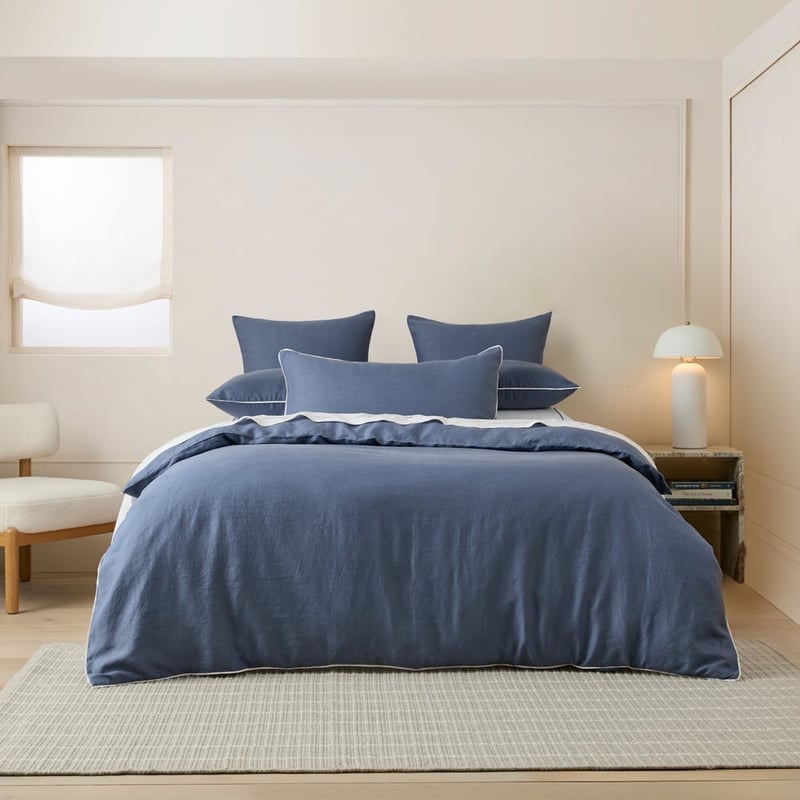 Vintage Washed Linen Denim & White Piped Quilt Cover Separates