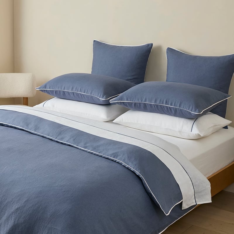 Vintage Washed Linen Denim & White Piped Quilt Cover Separates