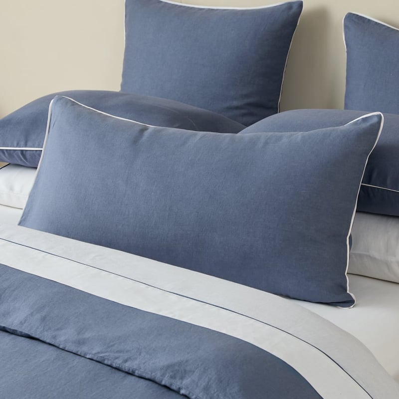 Vintage Washed Linen Denim & White Piped Pillowcases