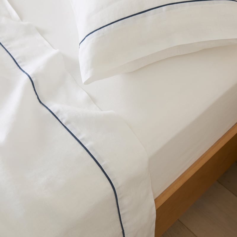 Vintage Washed Linen White & Denim Flat Piped Pillowcases