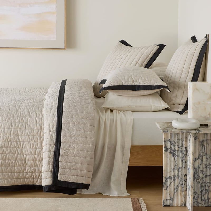 Vintage Washed Linen Linen & Onyx Border Quilted Coverlet Separates