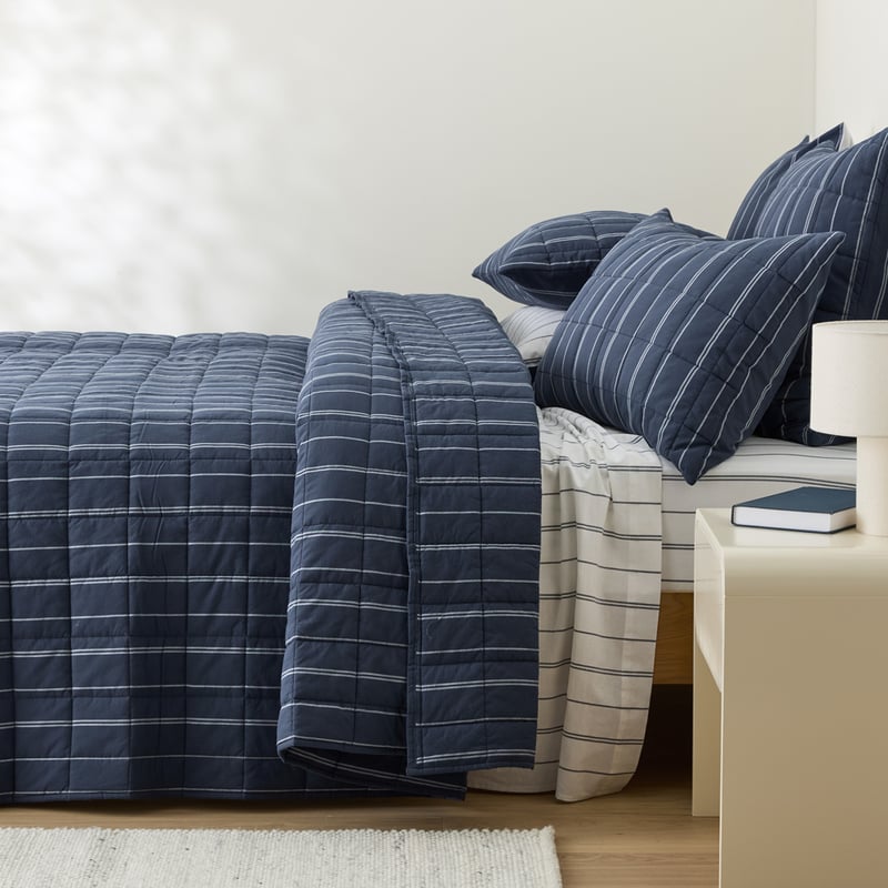 Stonewashed Cotton Navy Pencil Stripe Quilted Coverlet Separates
